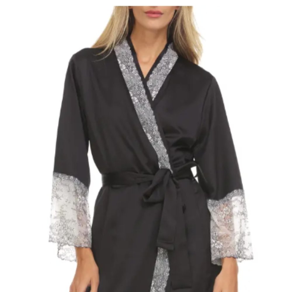 FLORA NIKROOZ Black Angelique Satin And Lace Long Robe SZ M/L NWT